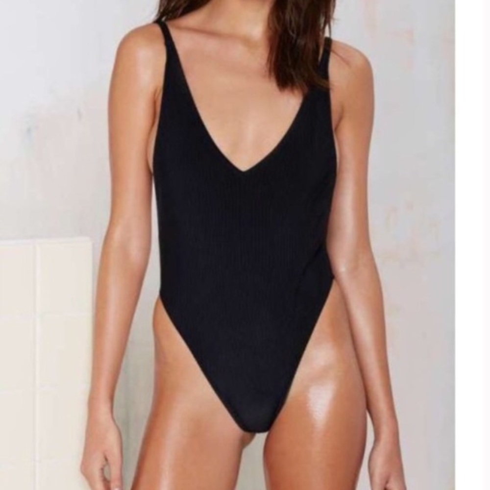 Nasty Gal Alina black high-cut, ribbed swimsuit
